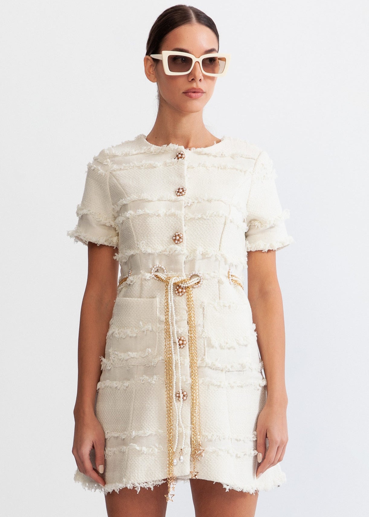 Tweed Dress With Golden Chains And Pearls - Beige