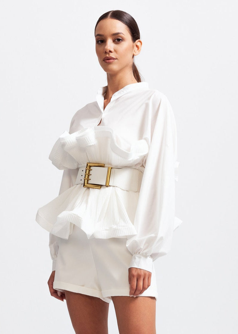 Ruffle Shirt with Oversized Belt And Flowing Sleeves - White