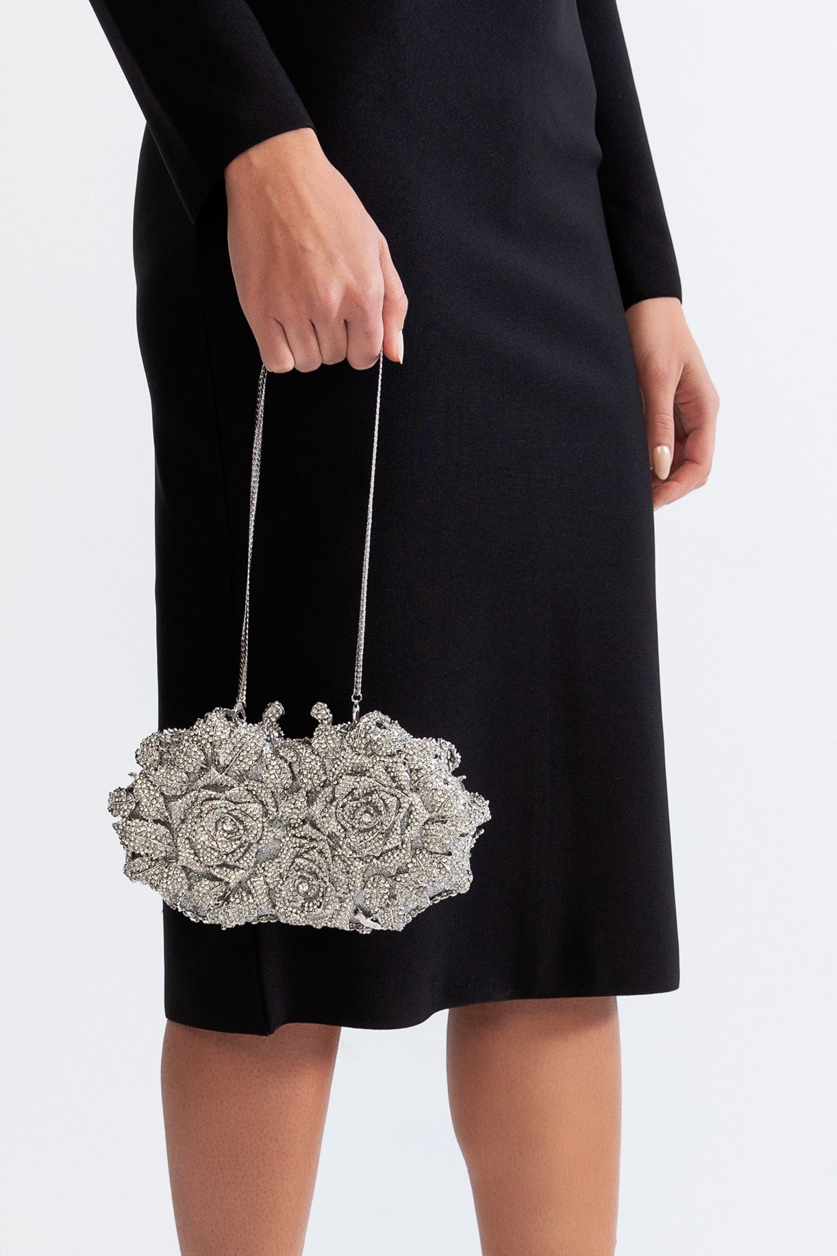 Crystal Adorned Clutch Bag With Floral Detailing - Silver