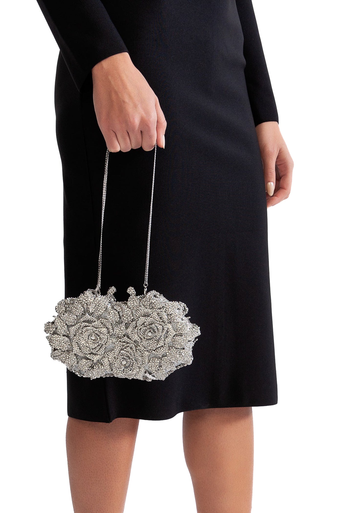 Myrra Crystal embellished rose clutch bag - Silver