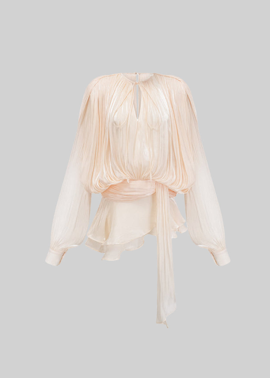 Flowing Long-Sleeved Mini Dress with Matching Waistband - Apricot