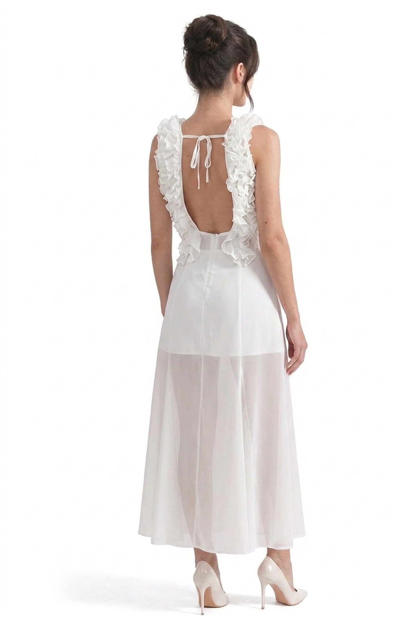 Violette Deep V Maxi Dress With Ruffled Bodice And Tie Front Detail - White