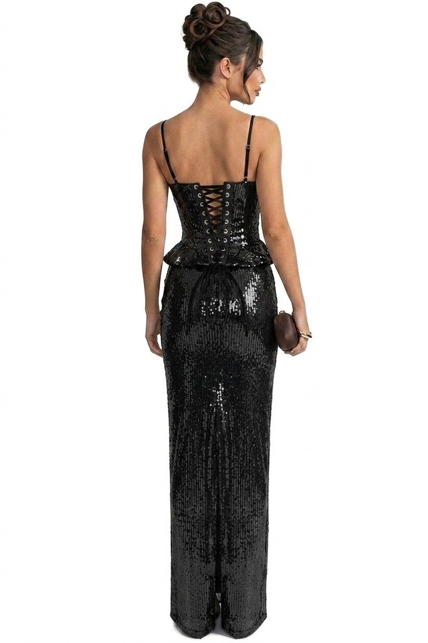 Stéphanie Sequin Mermaid Gown With Sweetheart Corset Bodice And Draped Hip - Black