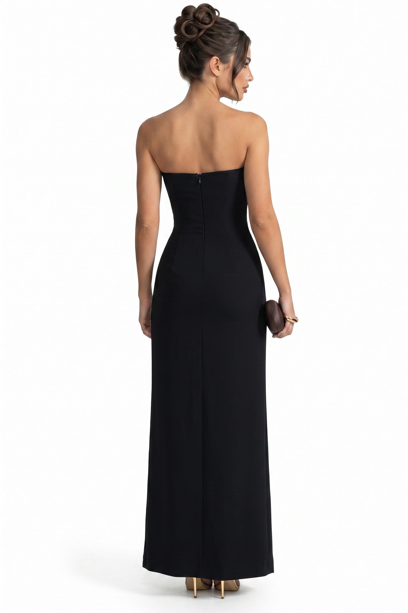 Clémence Strapless Column Gown With Contrast White Neckline Band - Black