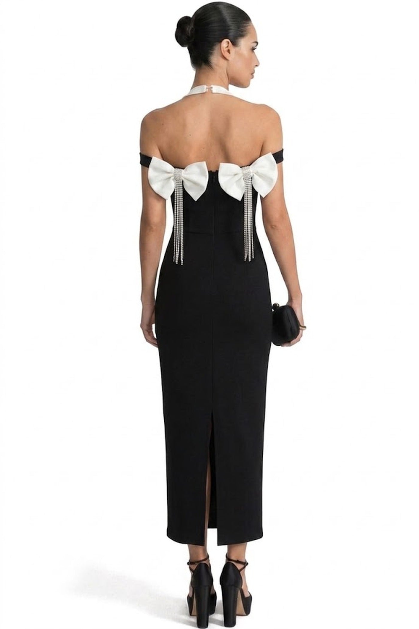Célimène Off-Shoulder Dress With Bow Embellishments And Crystal Fringe - Black