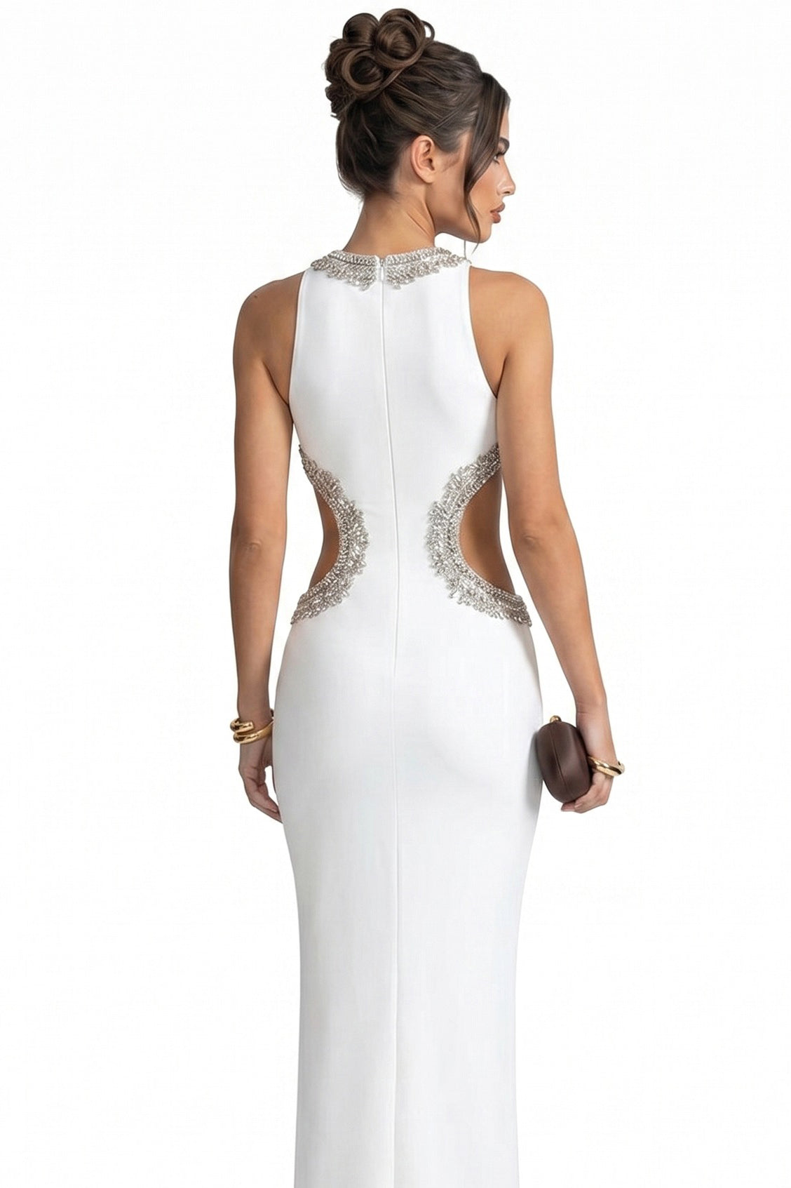 Elvire High-Neck Sleeveless Gown With Crystal Back Embroidery And Side Slit - White