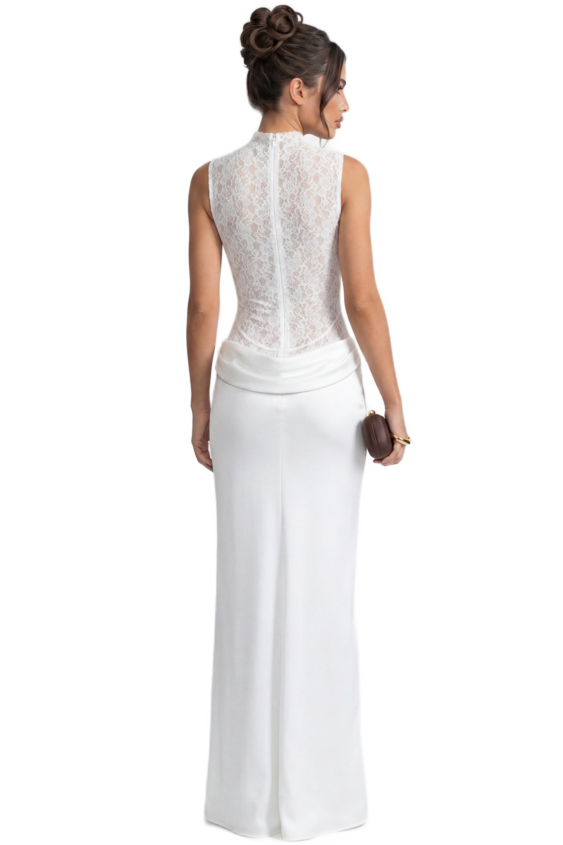 Vivienne Lace High-Neck Gown With Satin Skirt And Rose Detail - White