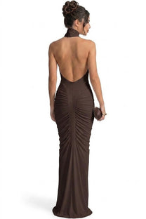 Sylvaine Halter Neck Ruched Mermaid Gown With Open Back - Brown