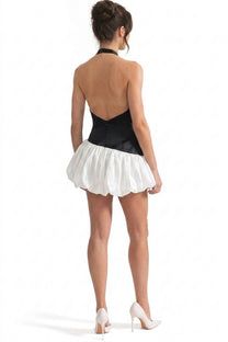 Zélie Halter Neck Mini Dress With Keyhole Cutout And 3D Rose Skirt - Black