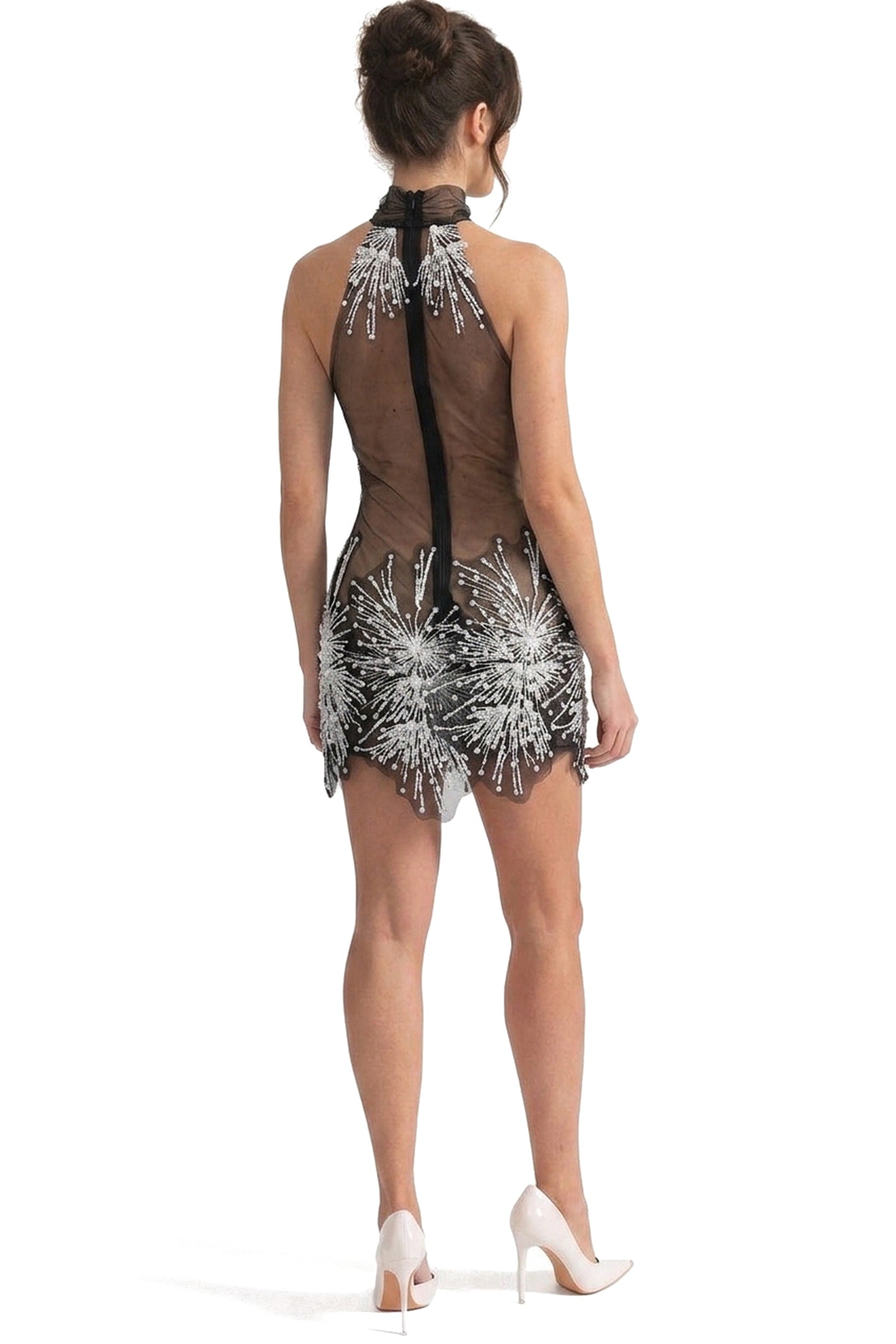 Narcisse Sheer Mini Dress With Pearl And Sequin Flower Embellishments - Black/White