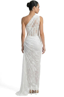Séraphine One-Shoulder Lace Gown With Sheer Corset Bodice - White