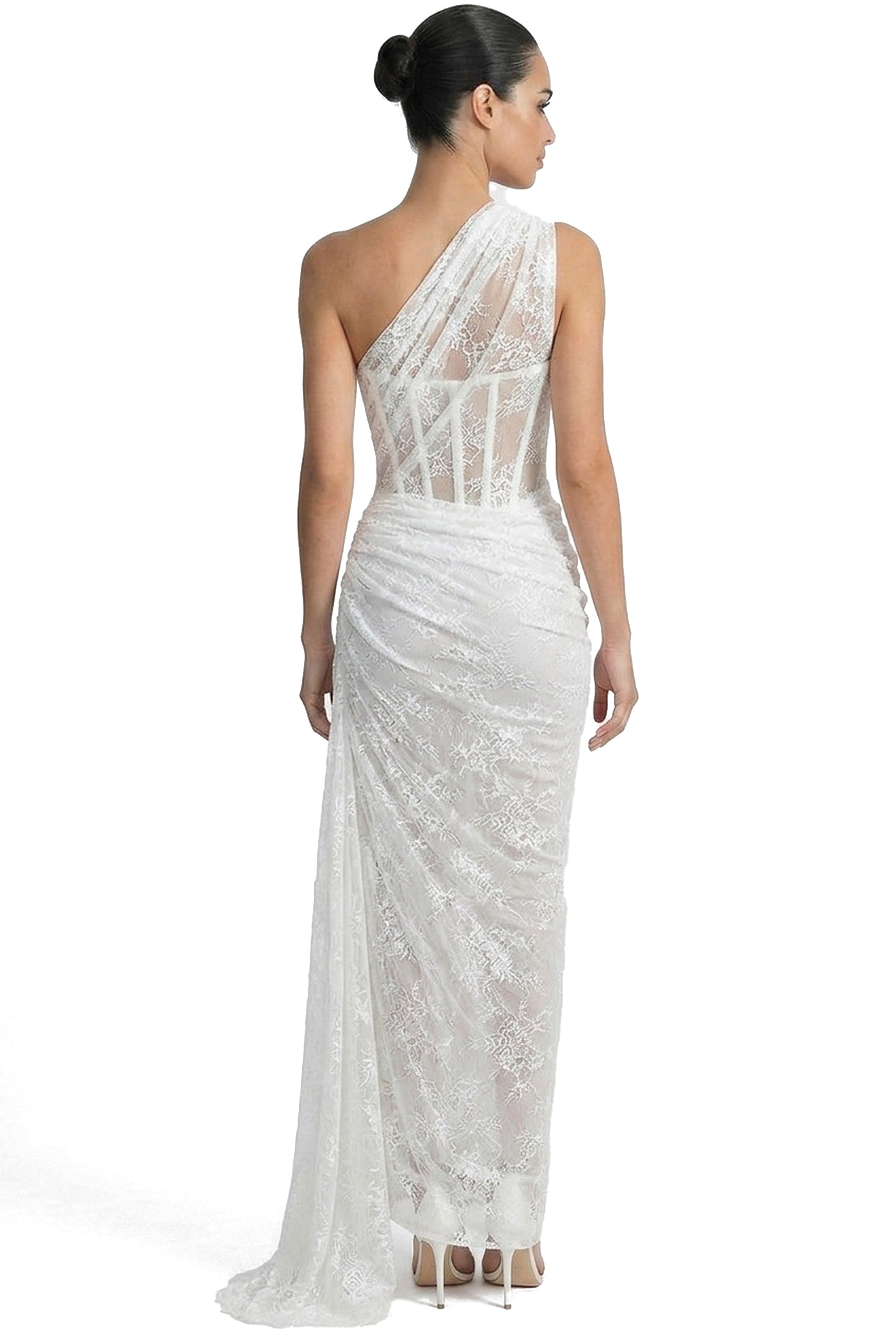 Séraphine One-Shoulder Lace Gown With Sheer Corset Bodice - White