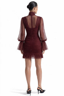 Théa High-Neck Ruched Mini Dress With Side Ruffle - Brown