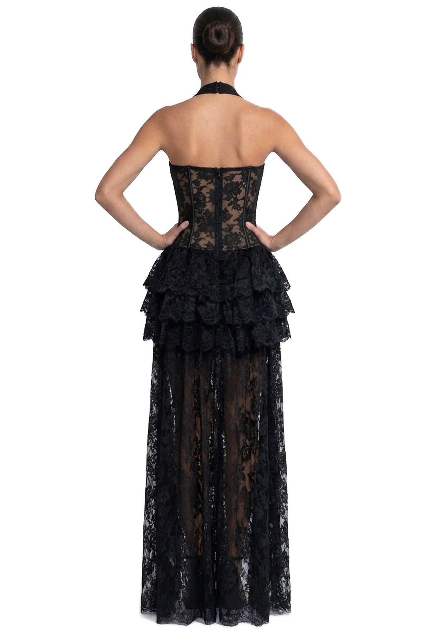 Mélanthe Lace Halter Gown With Sheer Corset And Tiered Ruffle Peplum - Black
