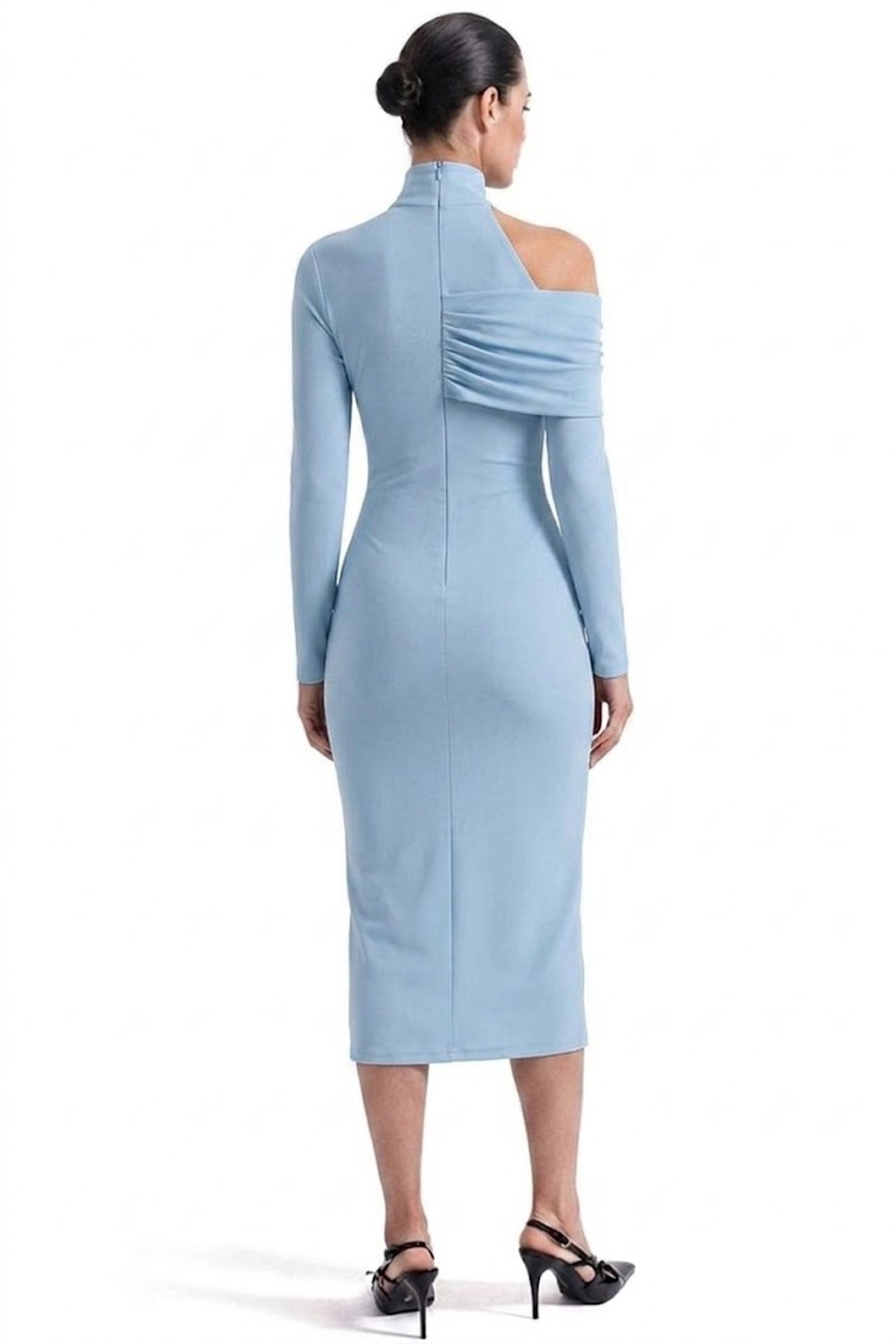 Charline Draped Cold-Shoulder Midi Dress With Front Slit - Light Blue