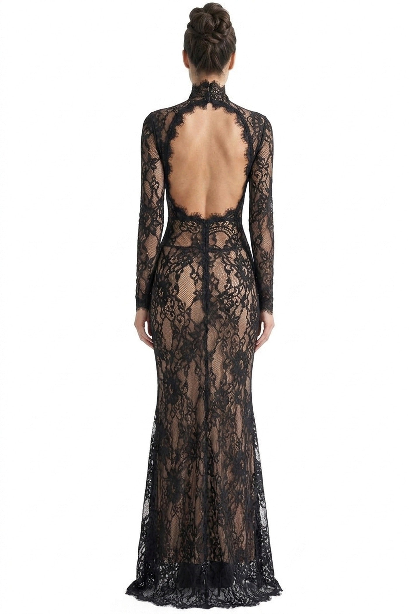 Scarlett Sheer Lace Gown With High Neck And Cutout Bodice And Front Slit - Black