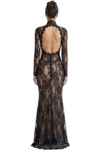 Scarlett Sheer Lace Gown With High Neck And Cutout Bodice And Front Slit - Black