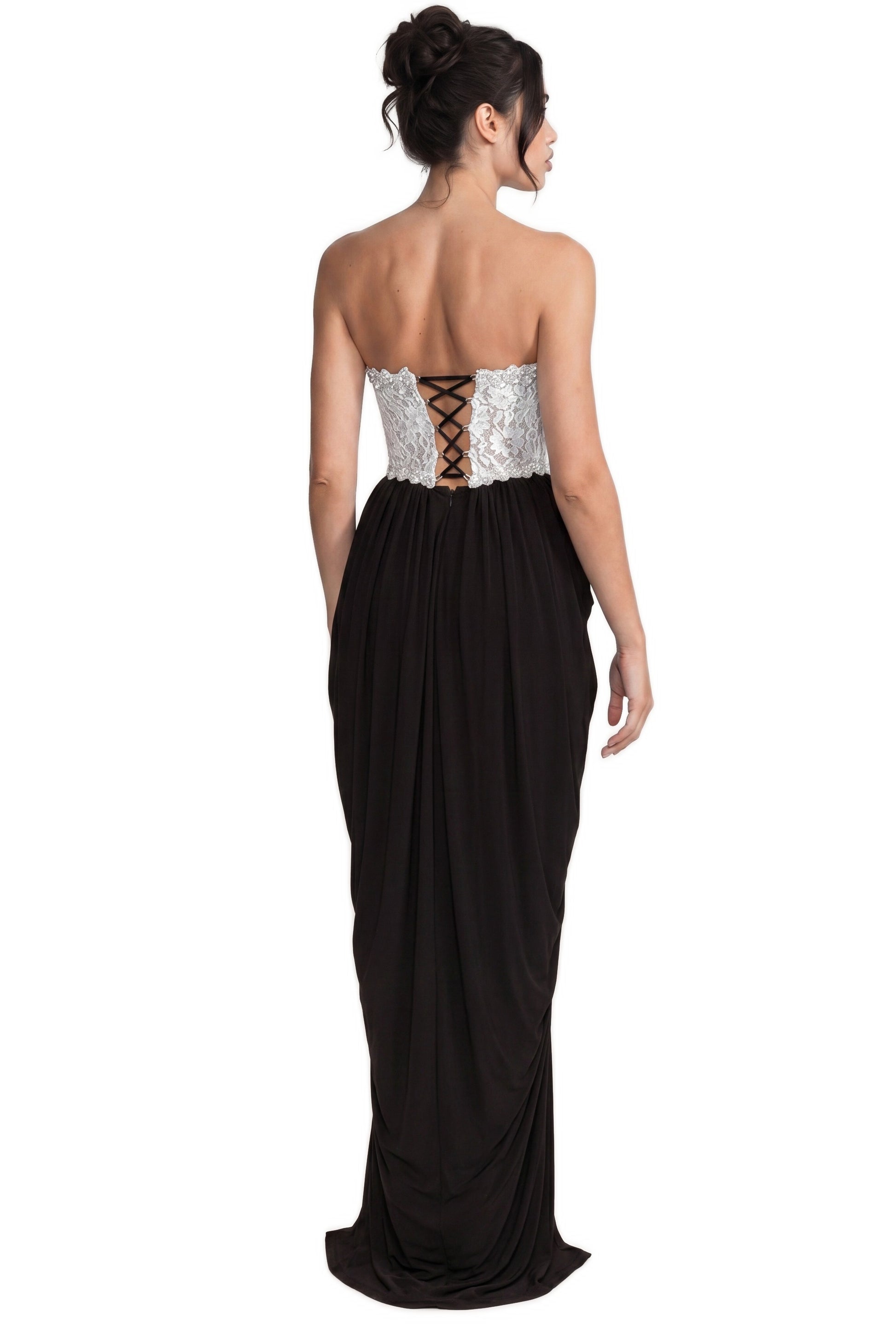 Sidonie Strapless Gown With Crystal Lace Corset And Pleated Draped Skirt - White