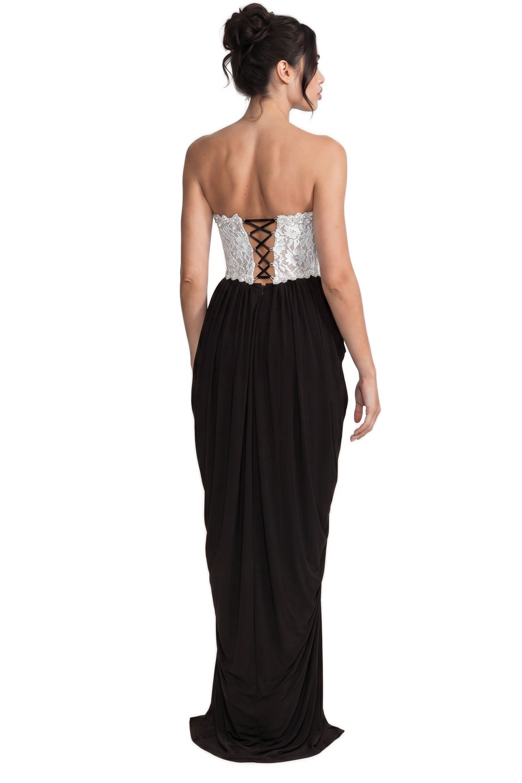 Sidonie Strapless Gown With Crystal Lace Corset And Pleated Draped Skirt - White