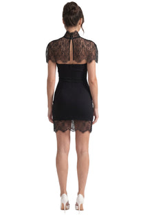 Elowen Elegant Mini Dress With High Neckline And Detachable Lace Cape - Black