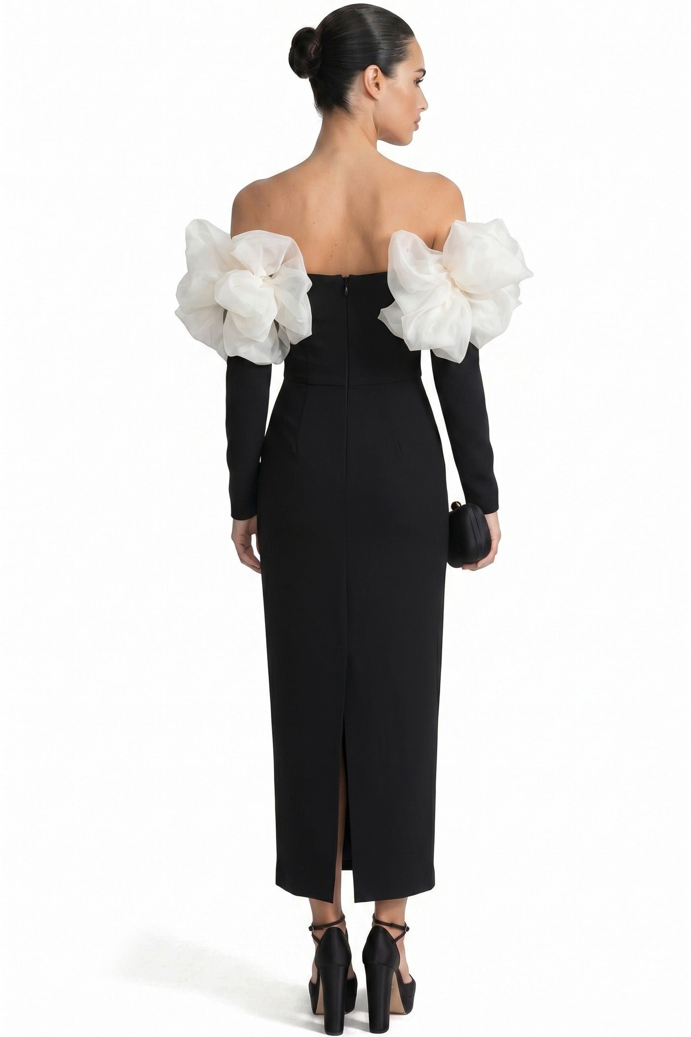 Edmonde Strapless Column Gown With Oversized Floral Shoulder Wrap - Black