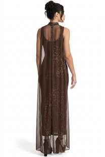 Ambrine Glitter Knit Gown With Side Cutouts And Flowing Chiffon Cape - Coffee
