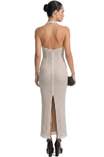 Violaine Halter Neck Crystal-Embellished Mermaid Gown With Back Slit - Beige