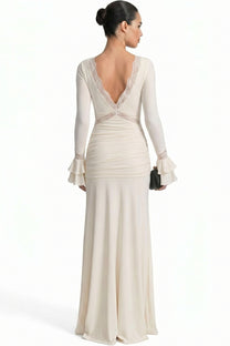 Gwenaëlle Long-Sleeve V-Neck Maxi Dress With Ruffled Cuffs And Bow Waist - Ivoire