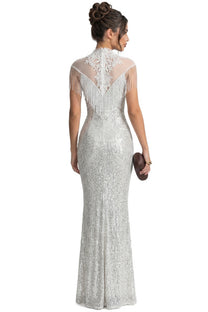 Éléonore High-Neck Sequin Mermaid Gown With Tassel Shoulder Detail - Silver
