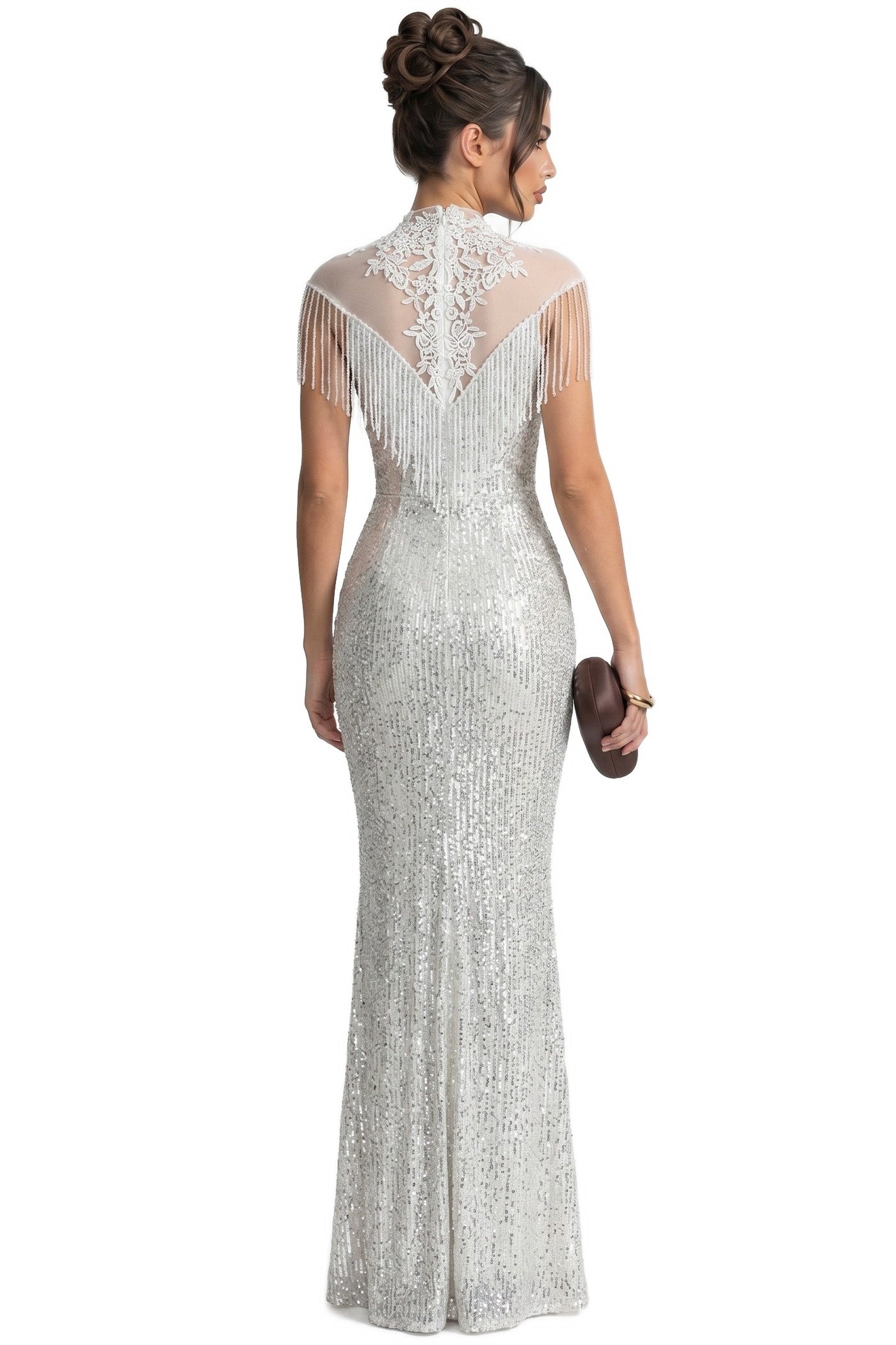 Éléonore High-Neck Sequin Mermaid Gown With Tassel Shoulder Detail - Silver