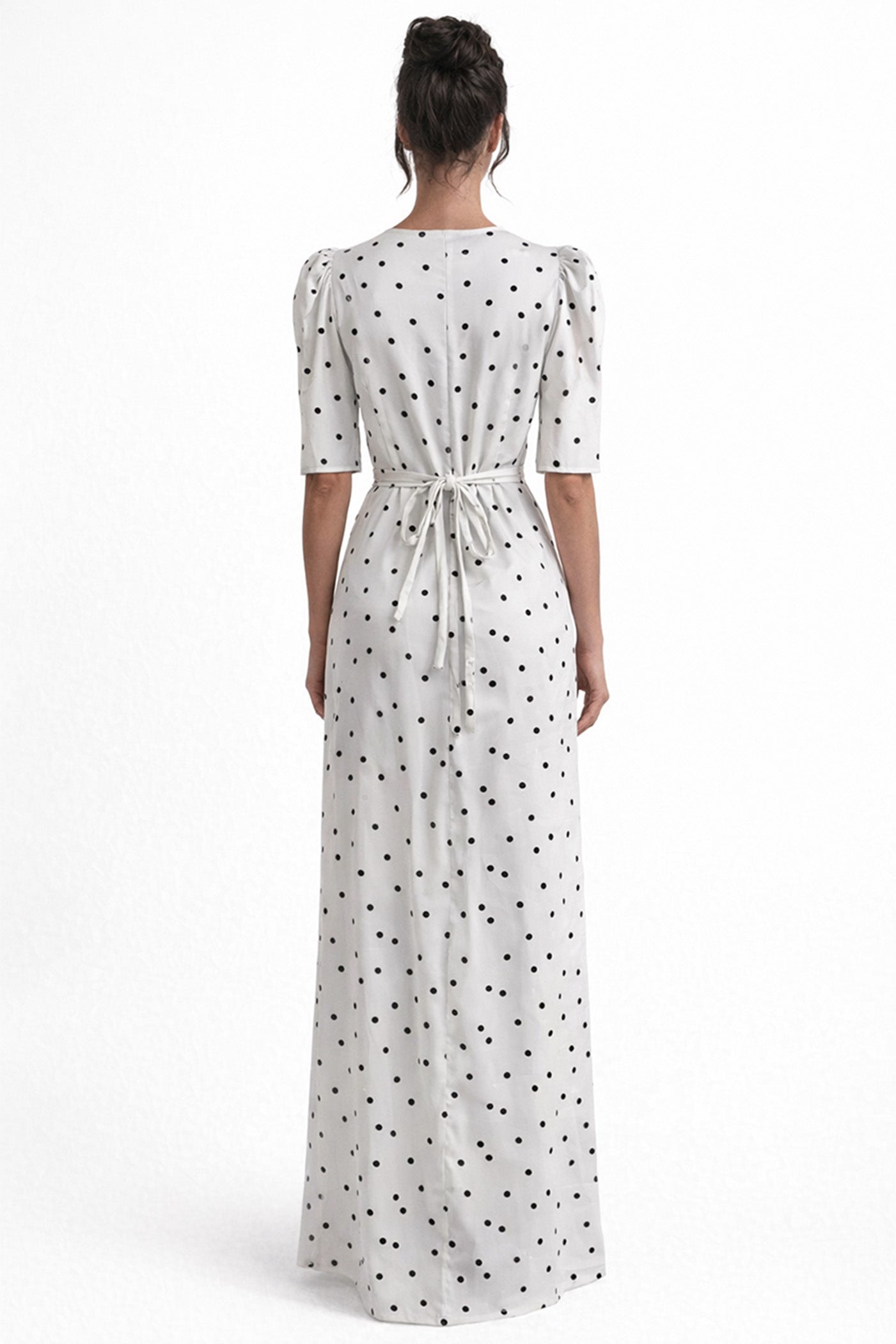 Céleste Maxikleid mit Puffärmeln und Polka-Dots – Weiß