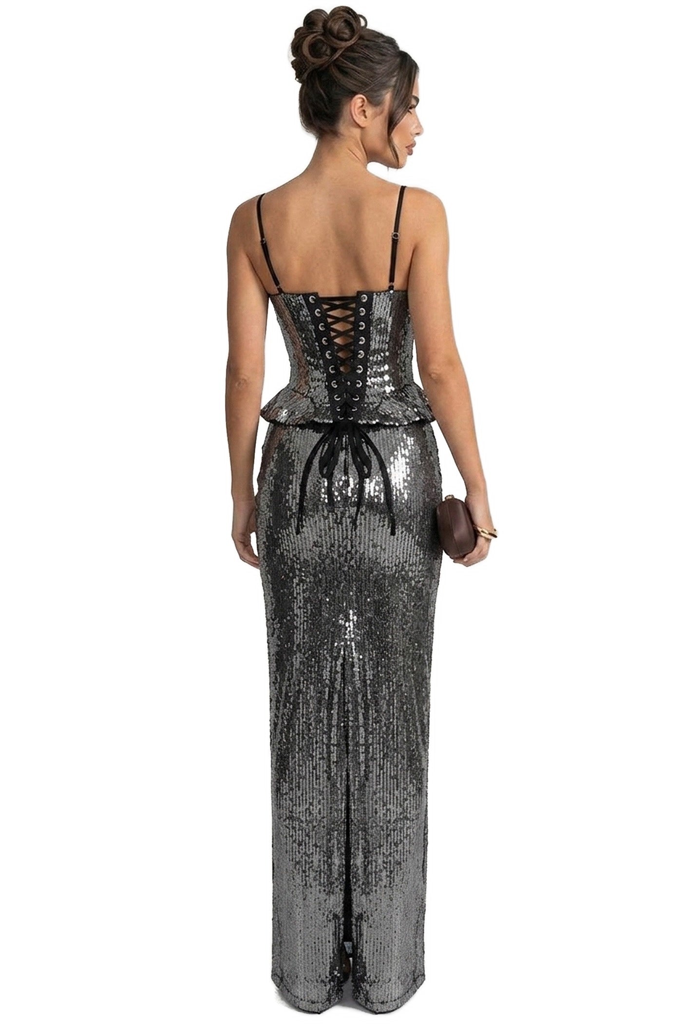 Stéphanie Sequin Mermaid Gown With Sweetheart Corset Bodice And Draped Hip - Silver