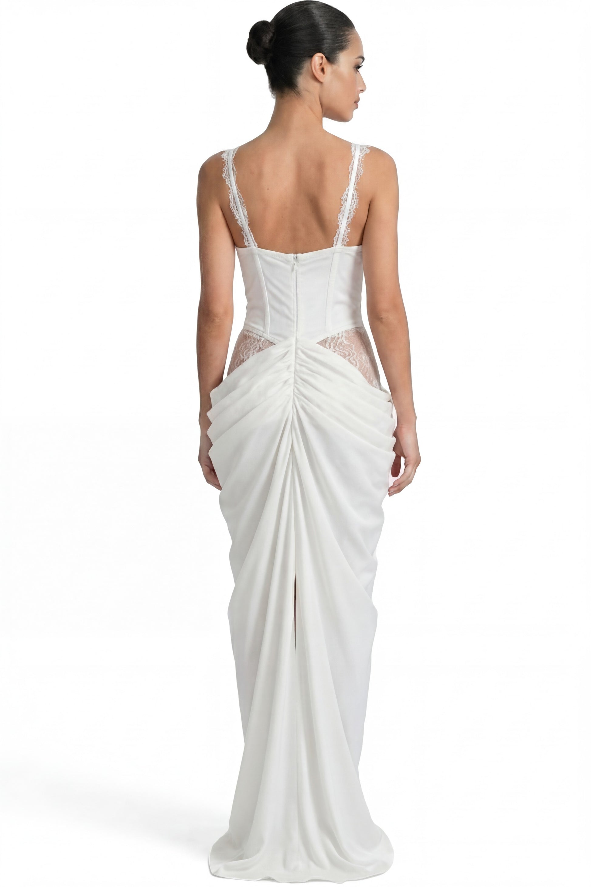 Amouré Lace Corset Maxi Dress With Draped Skirt – White