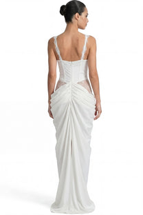 Amouré Lace Corset Maxi Dress With Draped Skirt – White