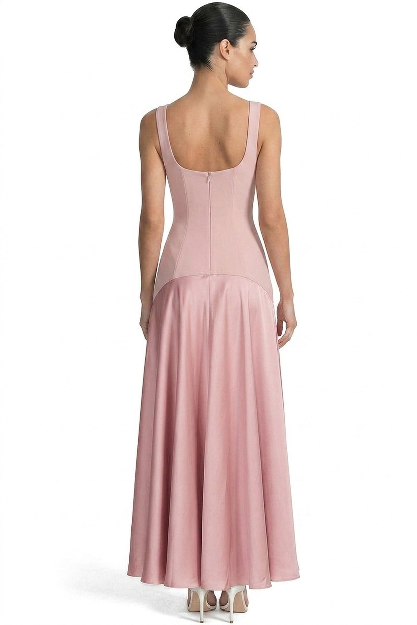 Aliénor Square-Neck Maxi Dress With Contrast Satin Flare Skirt - Pink