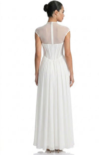 Joséphine Cap-Sleeve Gown With Sheer Corset Bodice And Gathered Maxi Skirt - White