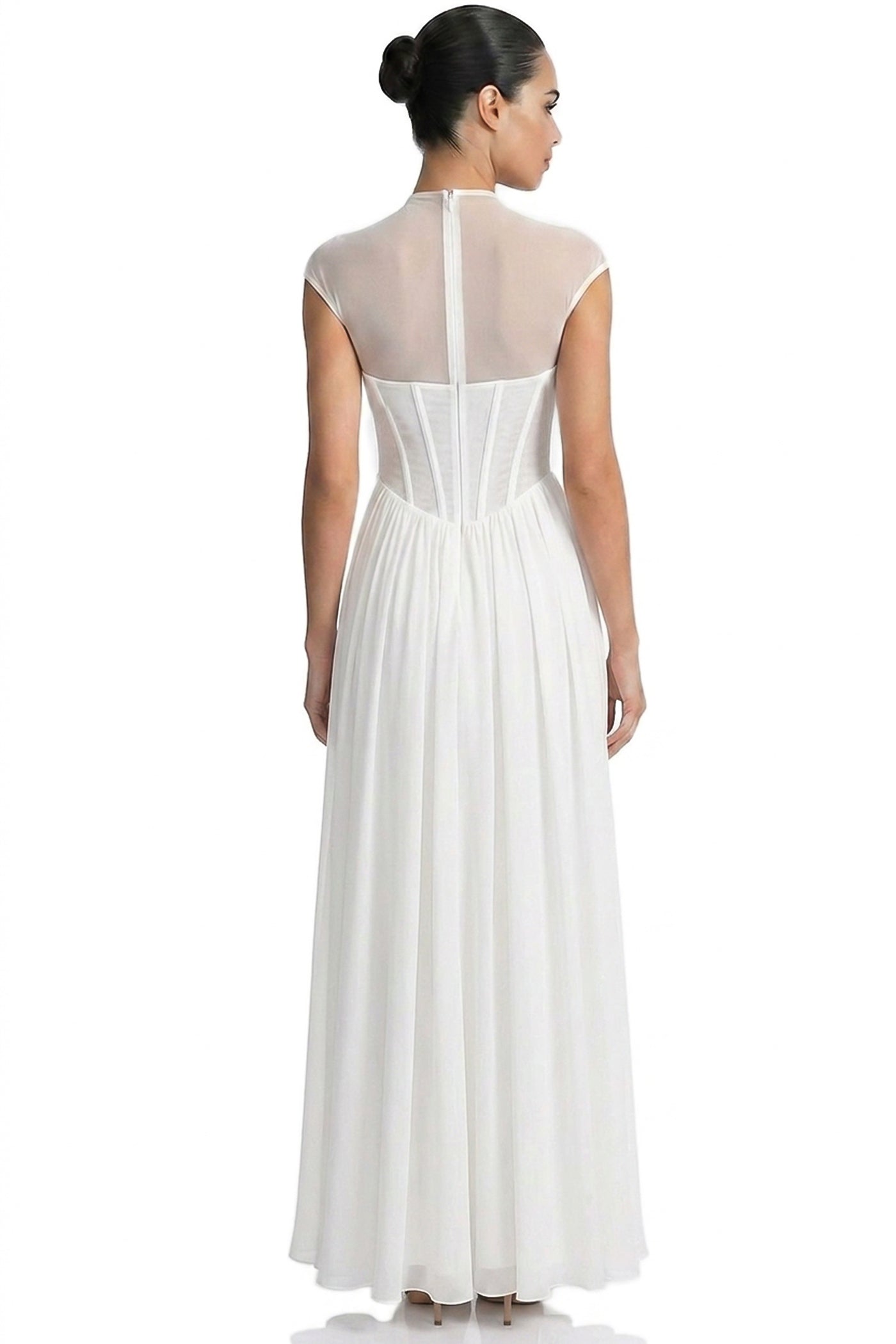 Joséphine Cap-Sleeve Gown With Sheer Corset Bodice And Gathered Maxi Skirt - White