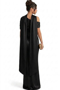Ambrine Satin Column Gown With Draped Shoulder Wrap And High Neck - Black
