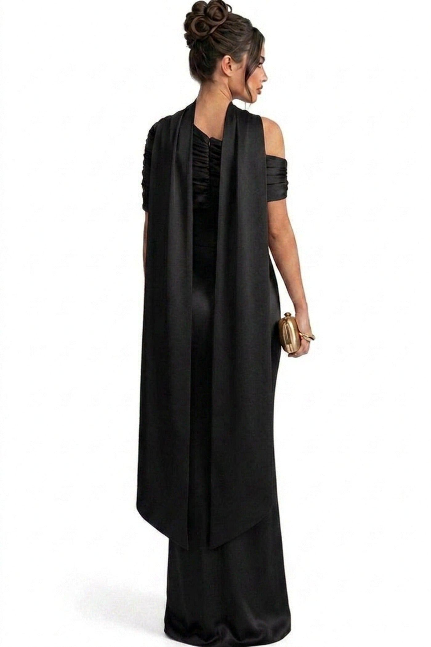 Ambrine Satin Column Gown With Draped Shoulder Wrap And High Neck - Black
