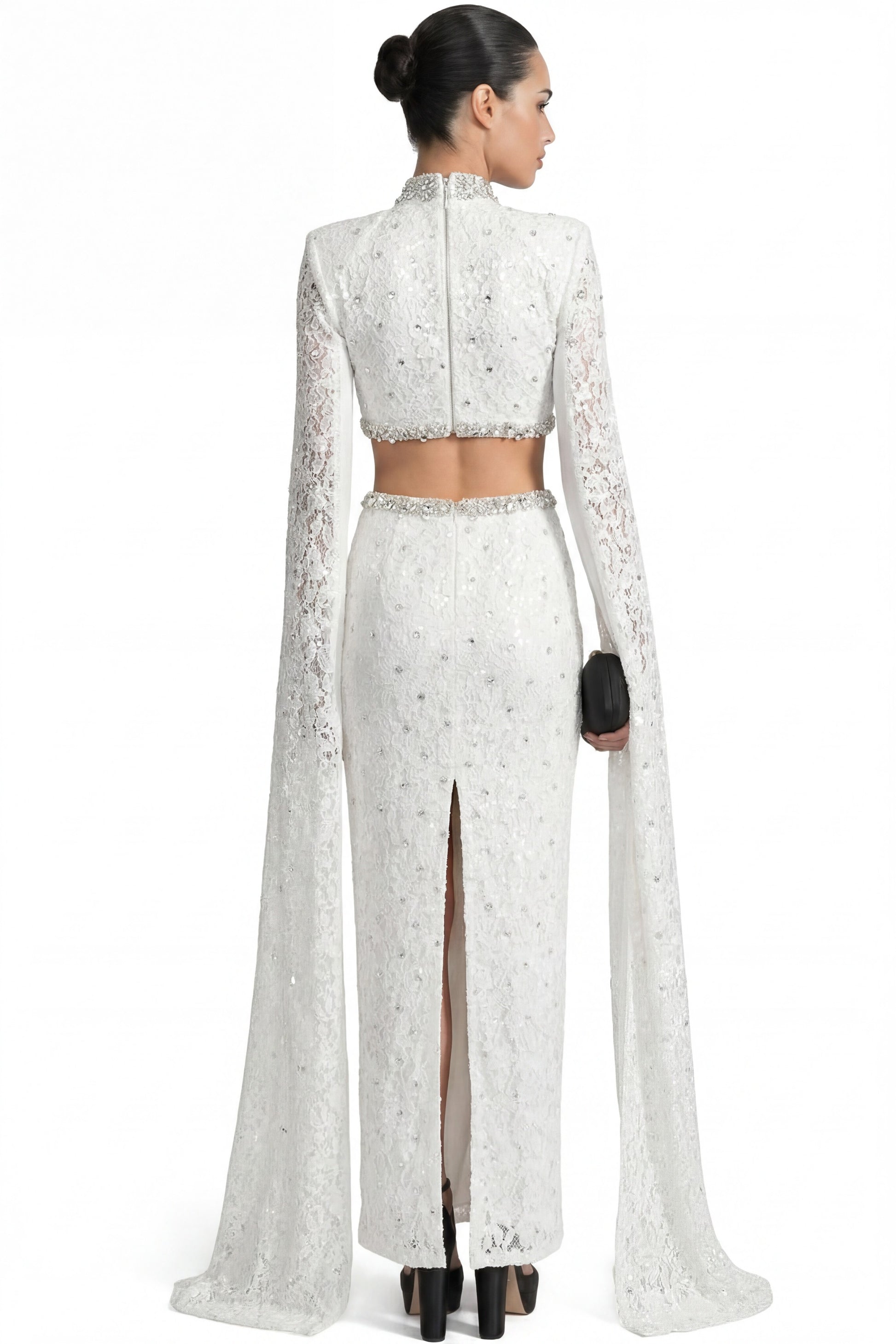 Mirabelle Lace Mermaid Gown With Cape Sleeves And Crystal Waist Detail - White