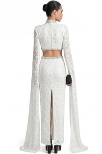 Mirabelle Lace Mermaid Gown With Cape Sleeves And Crystal Waist Detail - White