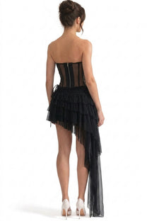 Melanie Strapless Corset Mini Dress With Sheer Boning And Asymmetric Tulle Skirt - Black