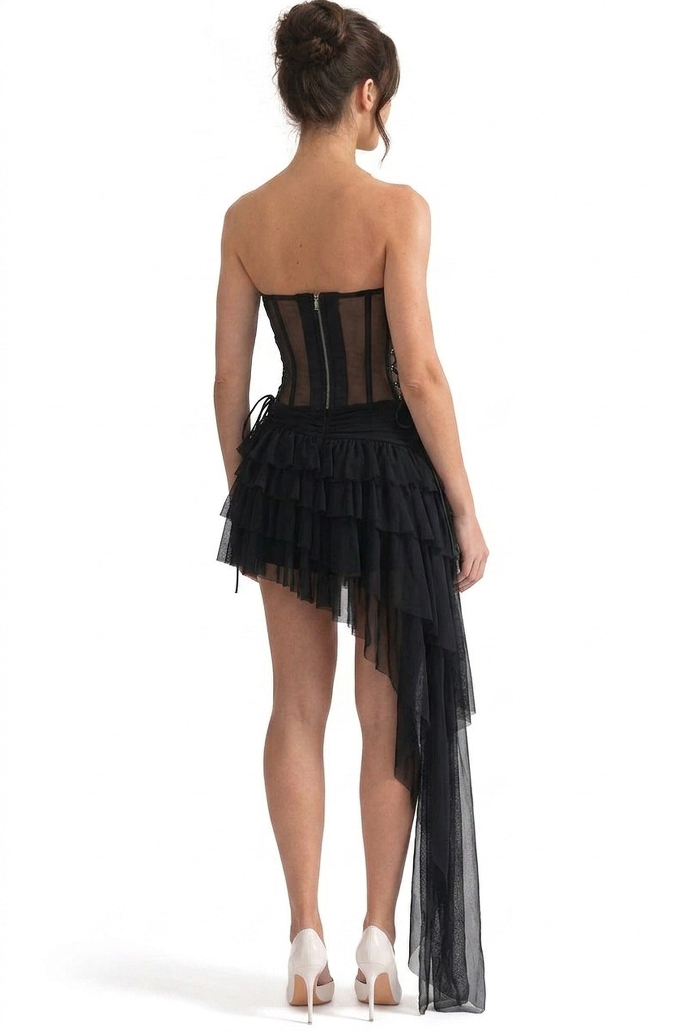 Melanie Strapless Corset Mini Dress With Sheer Boning And Asymmetric Tulle Skirt - Black