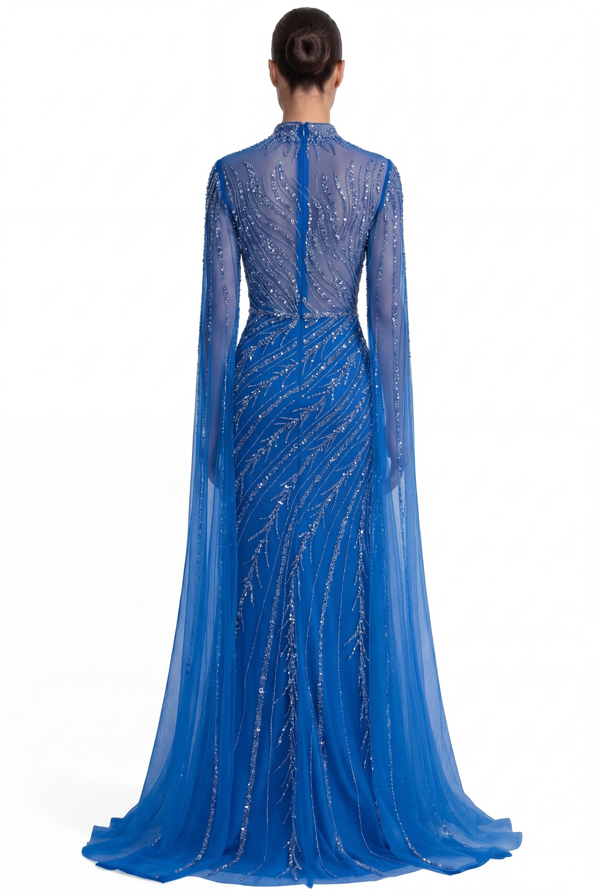 Lumière Embellished Long Sleeve Maxi Dress With Sheer Veil Sleeves - Blue