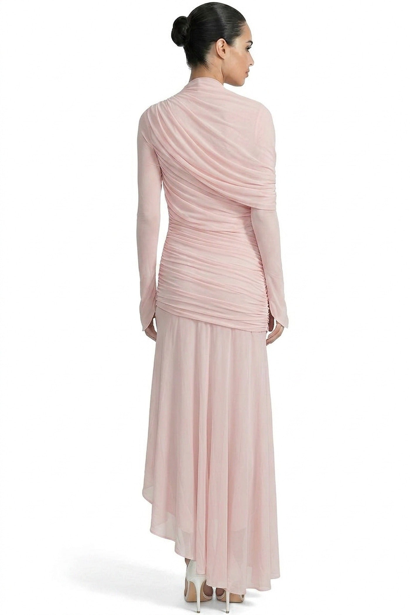 Roseline Long-Sleeve Mesh Gown With Diagonal Ruching And Asymmetric Hem - Pink