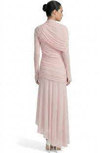 Roseline Long-Sleeve Mesh Gown With Diagonal Ruching And Asymmetric Hem - Pink