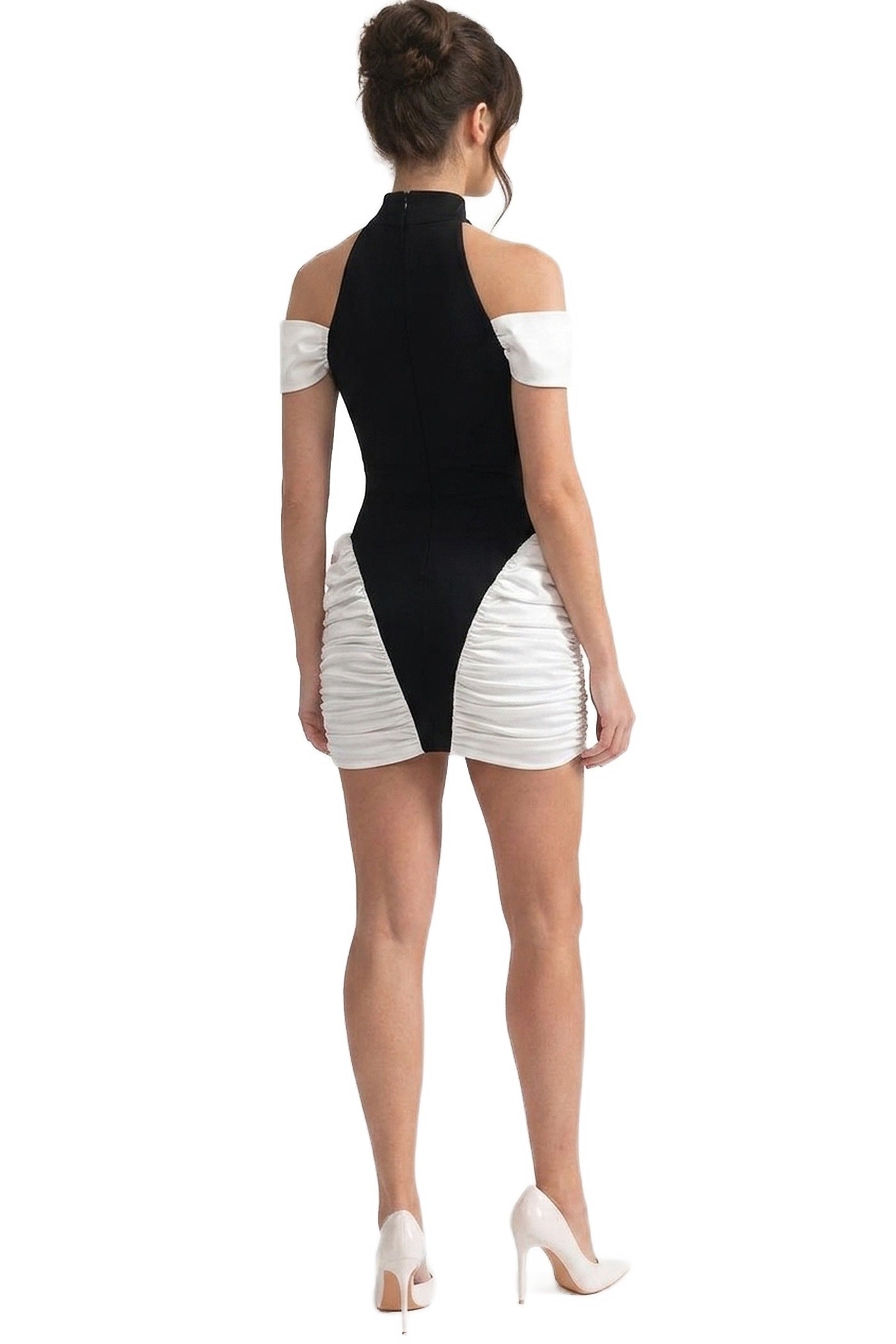 Blanche Contrast Mini Dress With High Neck And Ruched White Side Panels - Black