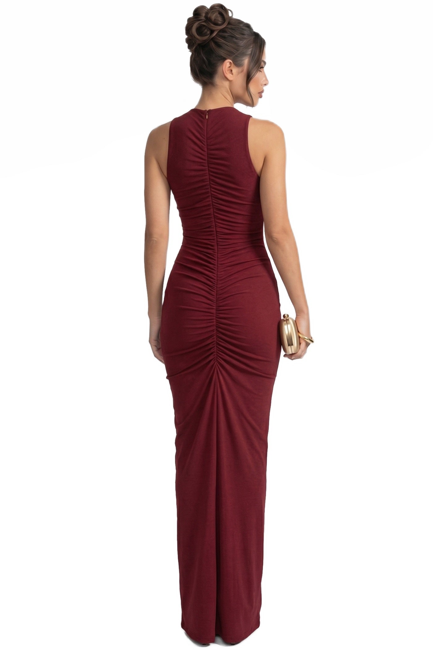 Arnaude High-Neck Ruched Maxi Dress With Cap Sleeves And Fitted Skirt - Red