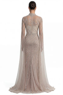 Lumière Embellished Long Sleeve Maxi Dress With Sheer Veil Sleeves - Beige