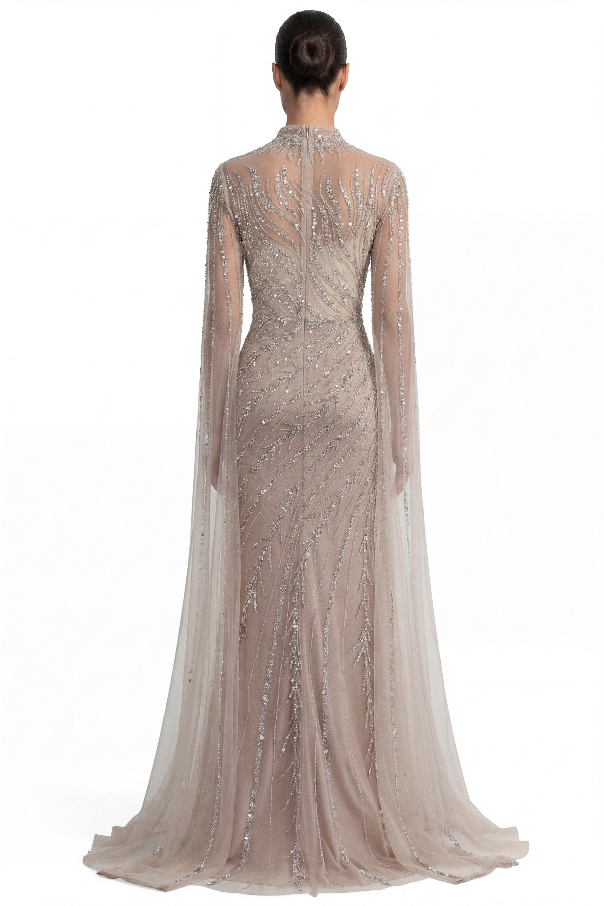 Lumière Embellished Long Sleeve Maxi Dress With Sheer Veil Sleeves - Beige